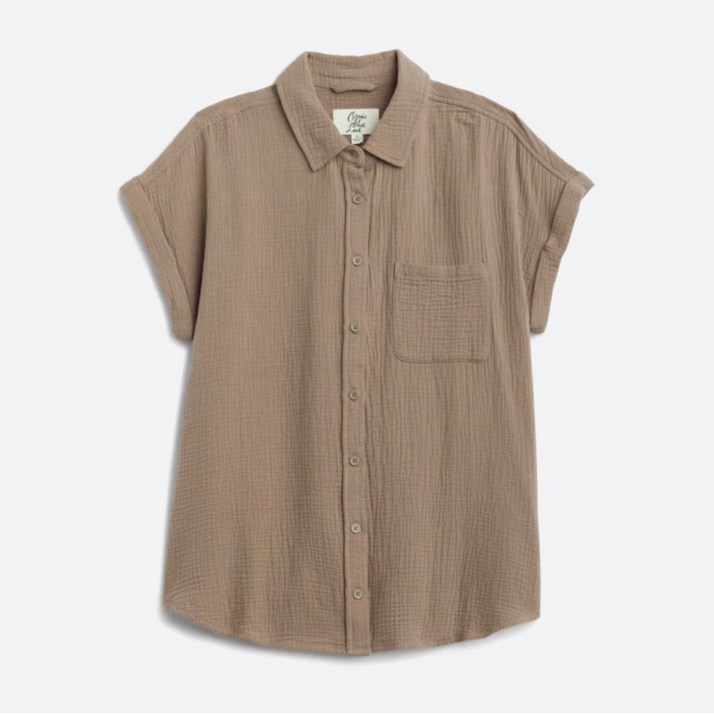 Cosmic Blue Love Ava taupe button down woven top